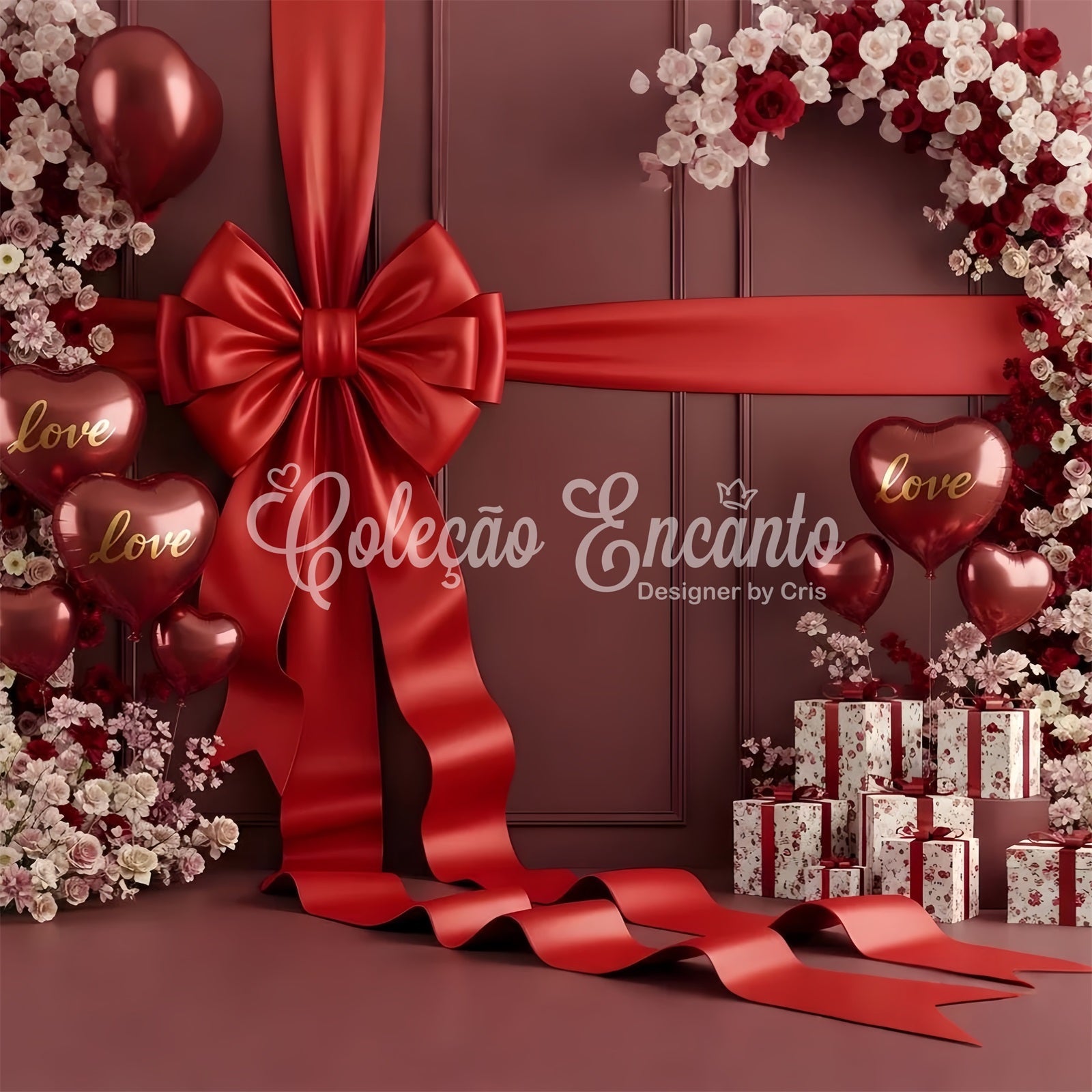 Valentines Backdrop Crimson Ribbon Roses Gift Valentine Backdrops For Photos UK By Magali