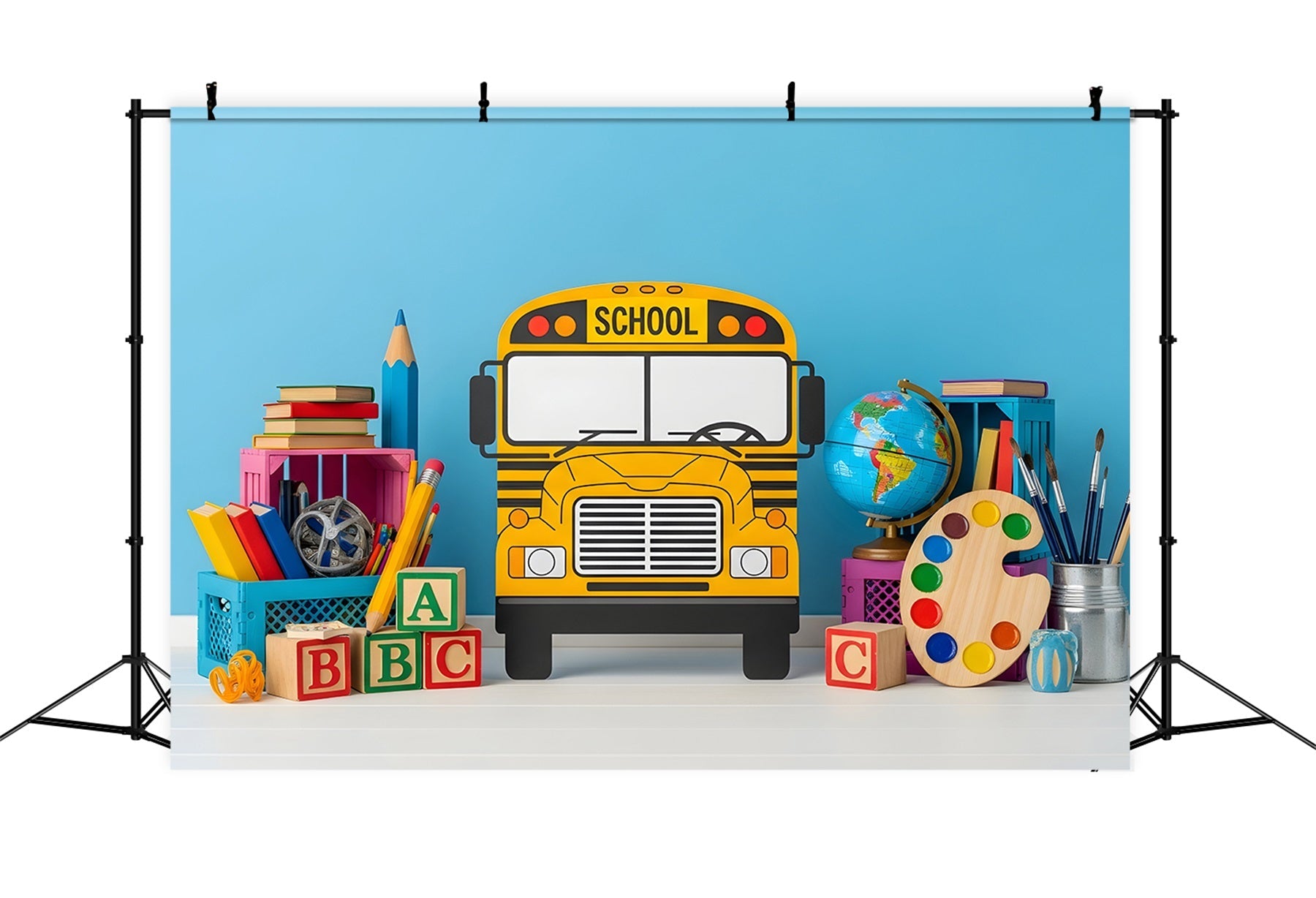 School Bus Backdrop Playful School Supplies Back To School Backdrop UK By Magali