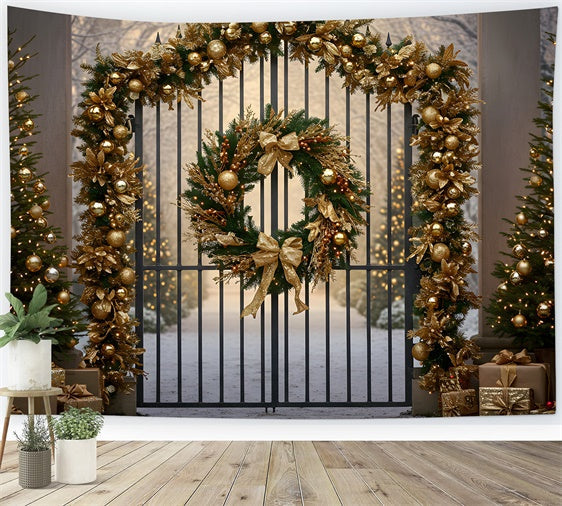Christmas Tree Backdrop Golden Wreath Gate Decor Backdrop UK By Magali