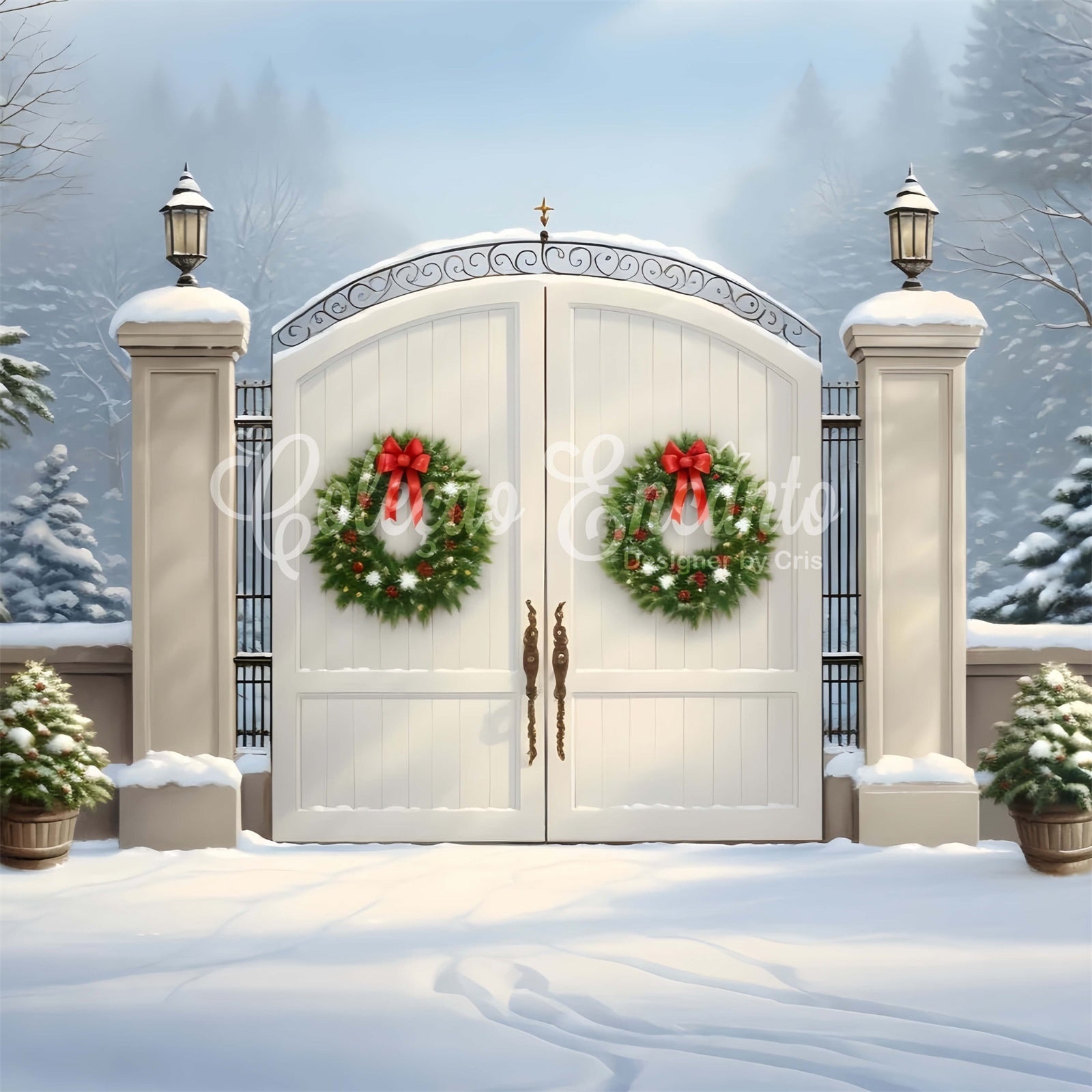 Christmas Photo Backdrop Wreath White Gate Backdrop UK By Magali