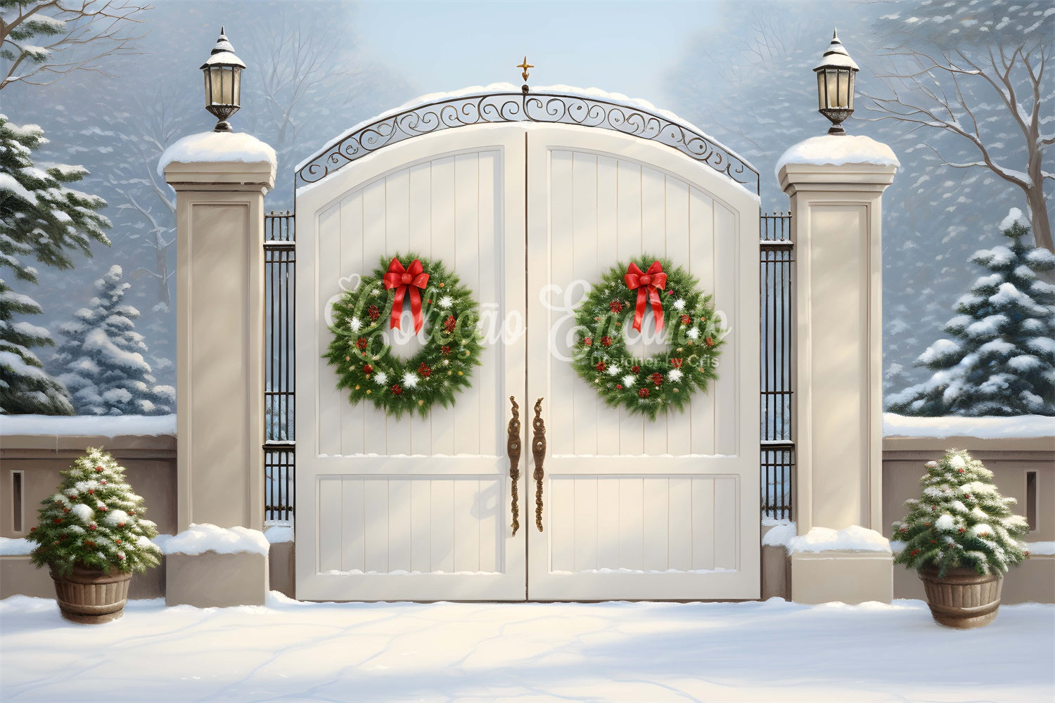 Christmas Photo Backdrop Wreath White Gate Backdrop UK By Magali