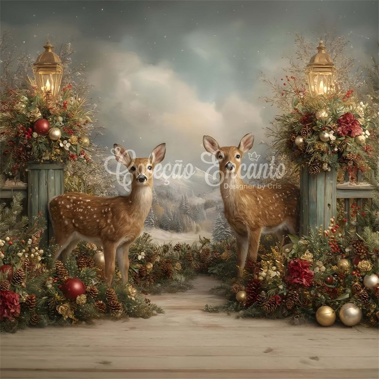 Christmas Backdrop Holiday Reindeer Forest Lantern Backdrop UK By Magali