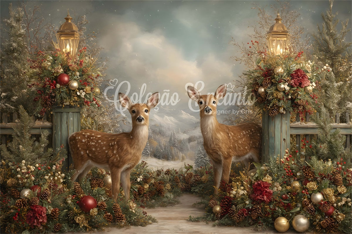 Christmas Backdrop Holiday Reindeer Forest Lantern Backdrop UK By Magali