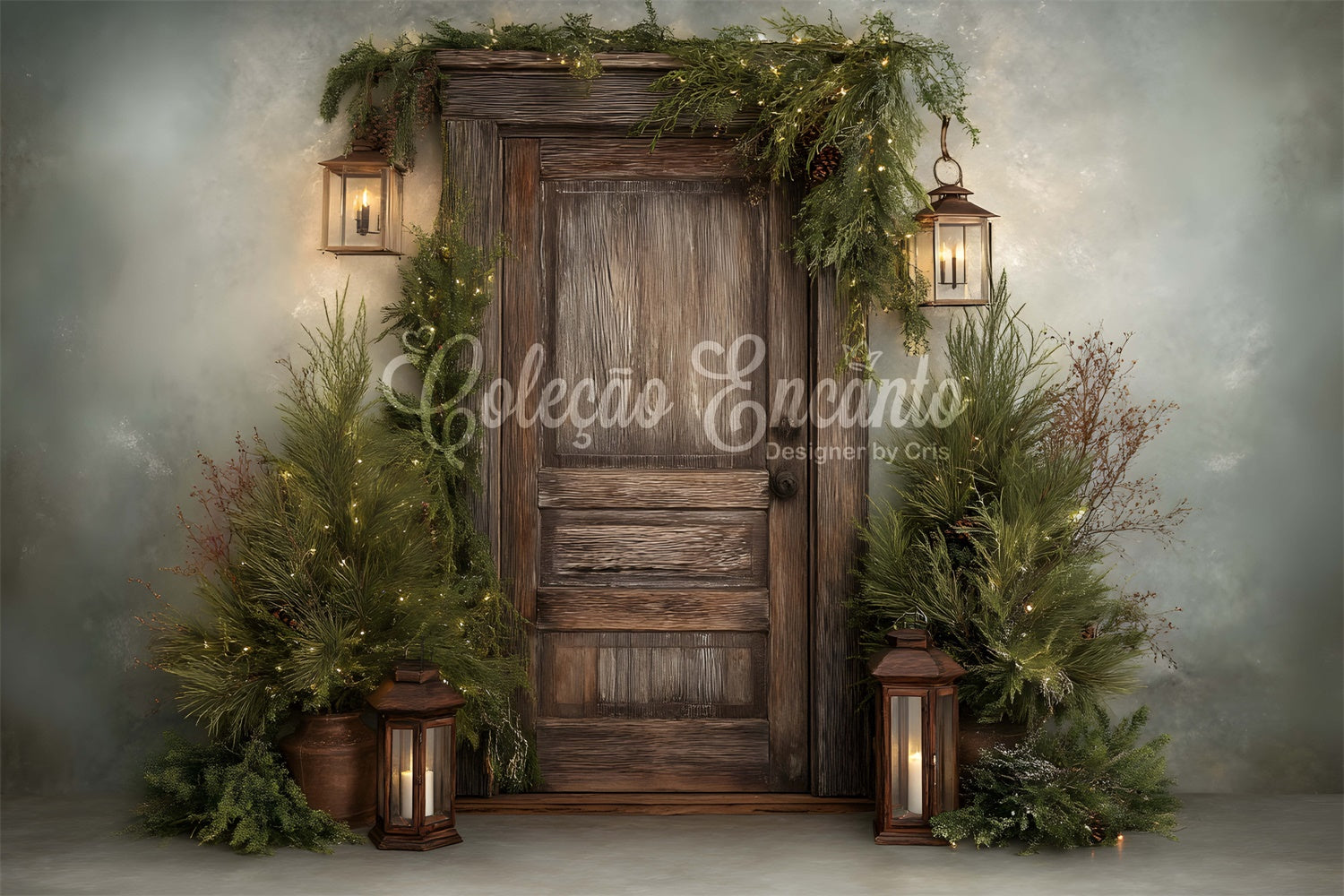 Christmas Backdrops Rustic Wooden Door Greenery Backdrop UK By Magali