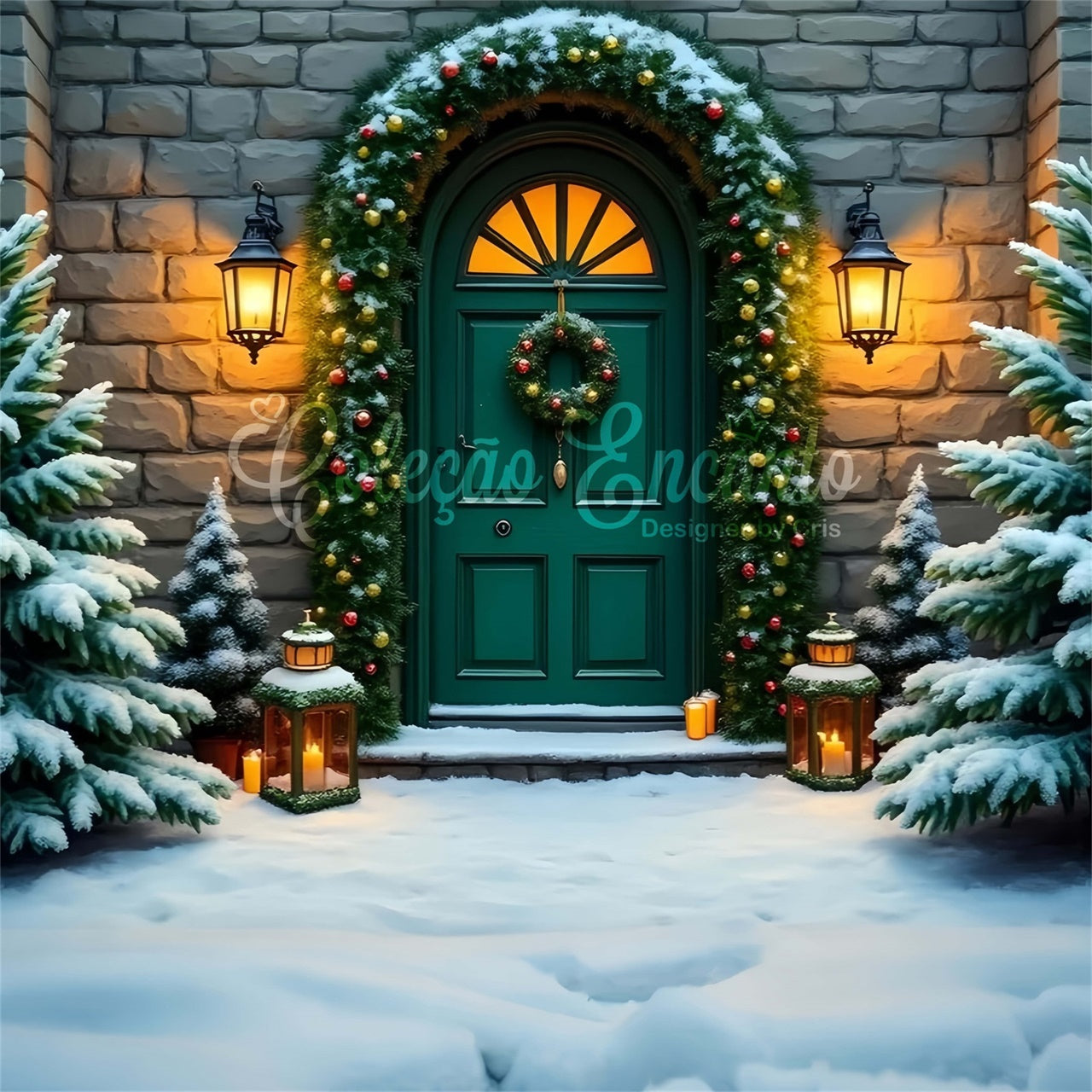 Xmas Backdrops Stone Wall Wreath Green Door Backdrop UK By Magali