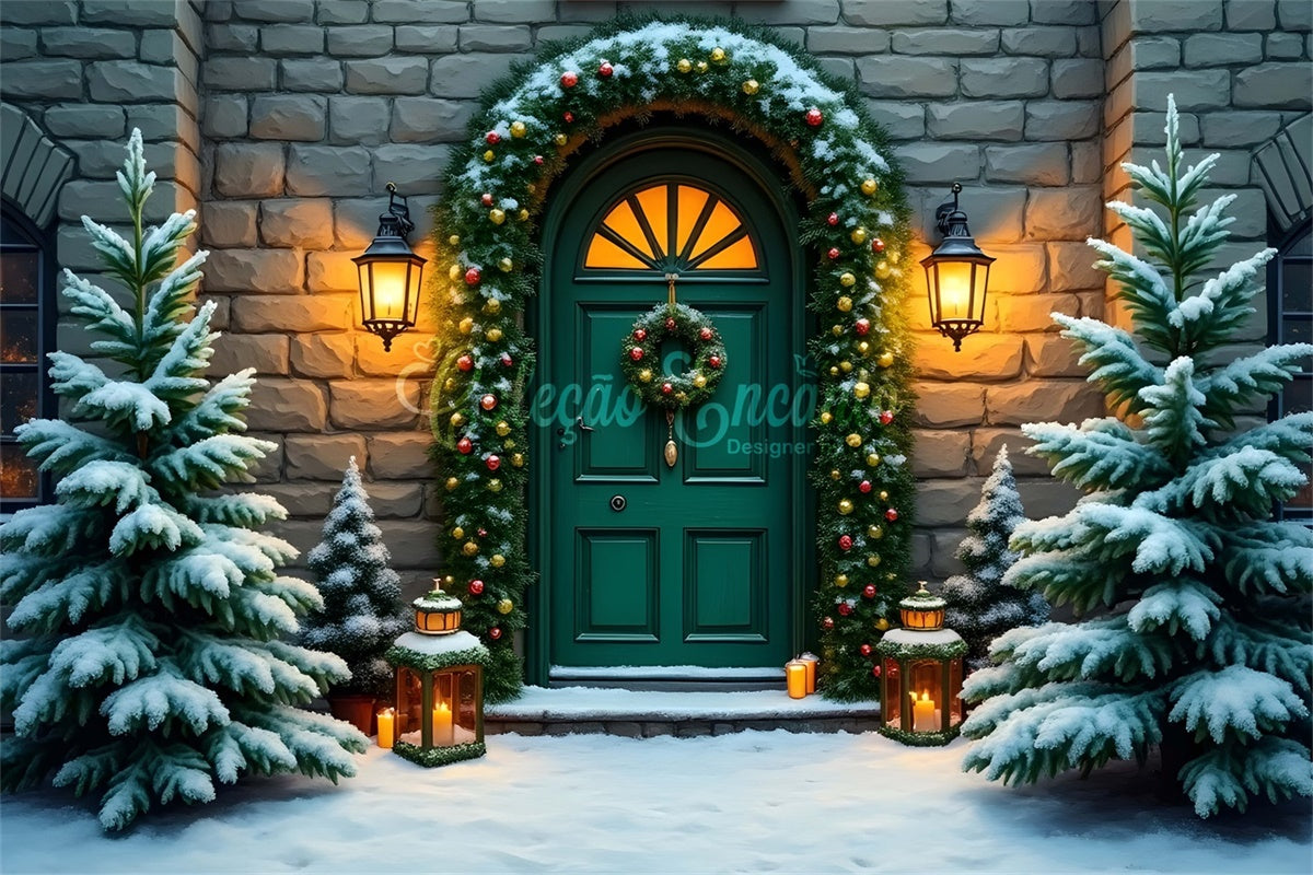 Xmas Backdrops Stone Wall Wreath Green Door Backdrop UK By Magali