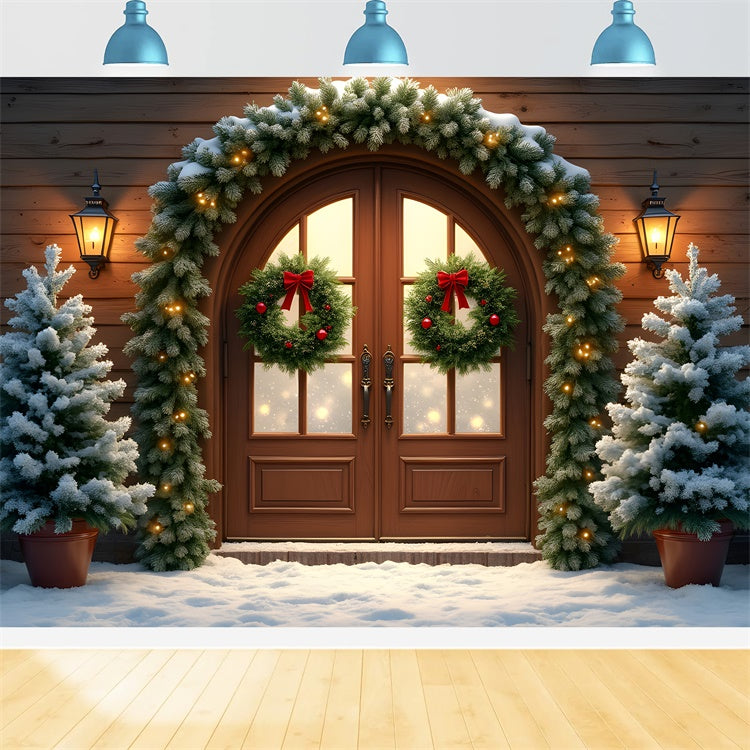 Xmas Backdrop Wooden Door Garland Tree Backdrop UK By Magali