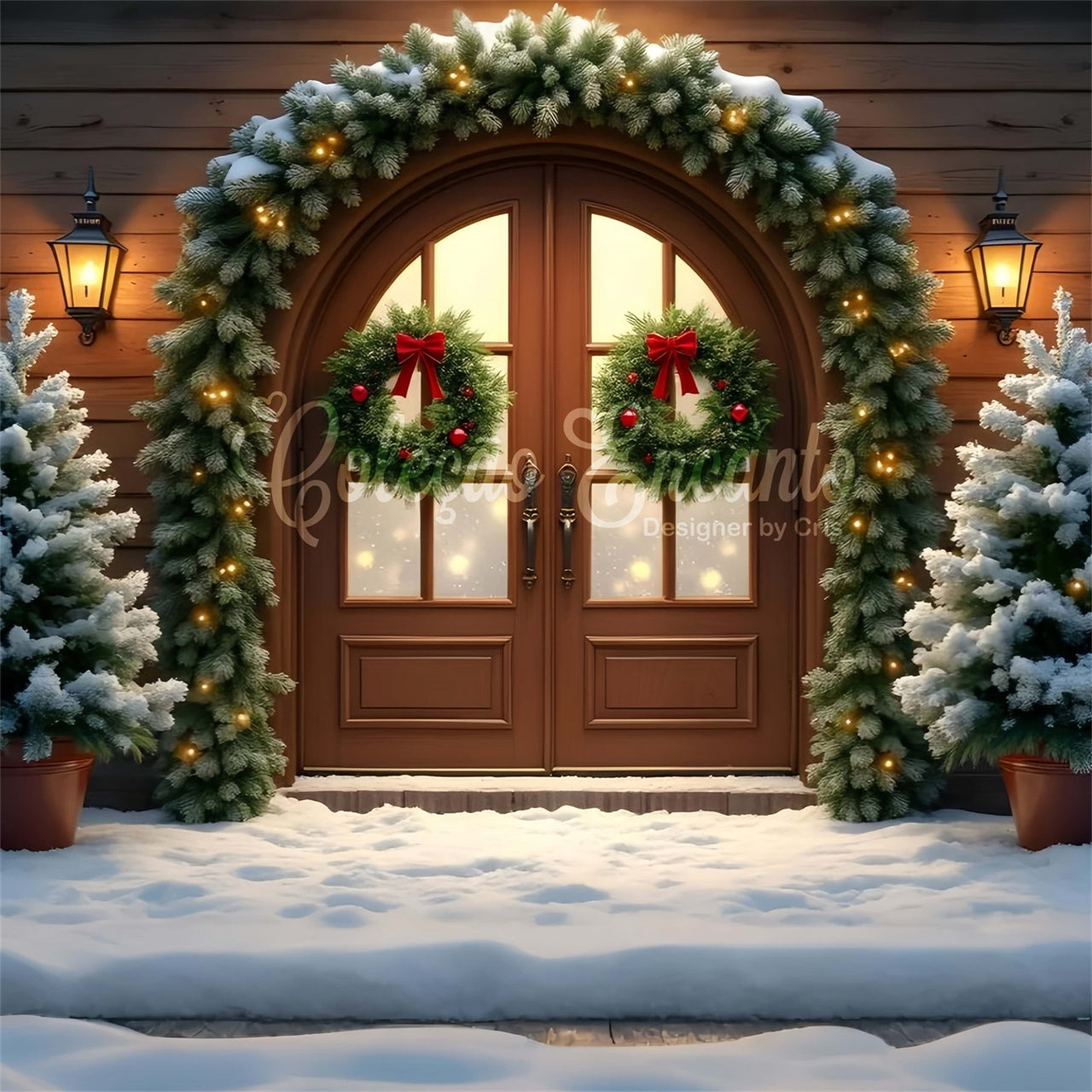 Xmas Backdrop Wooden Door Garland Tree Backdrop UK By Magali