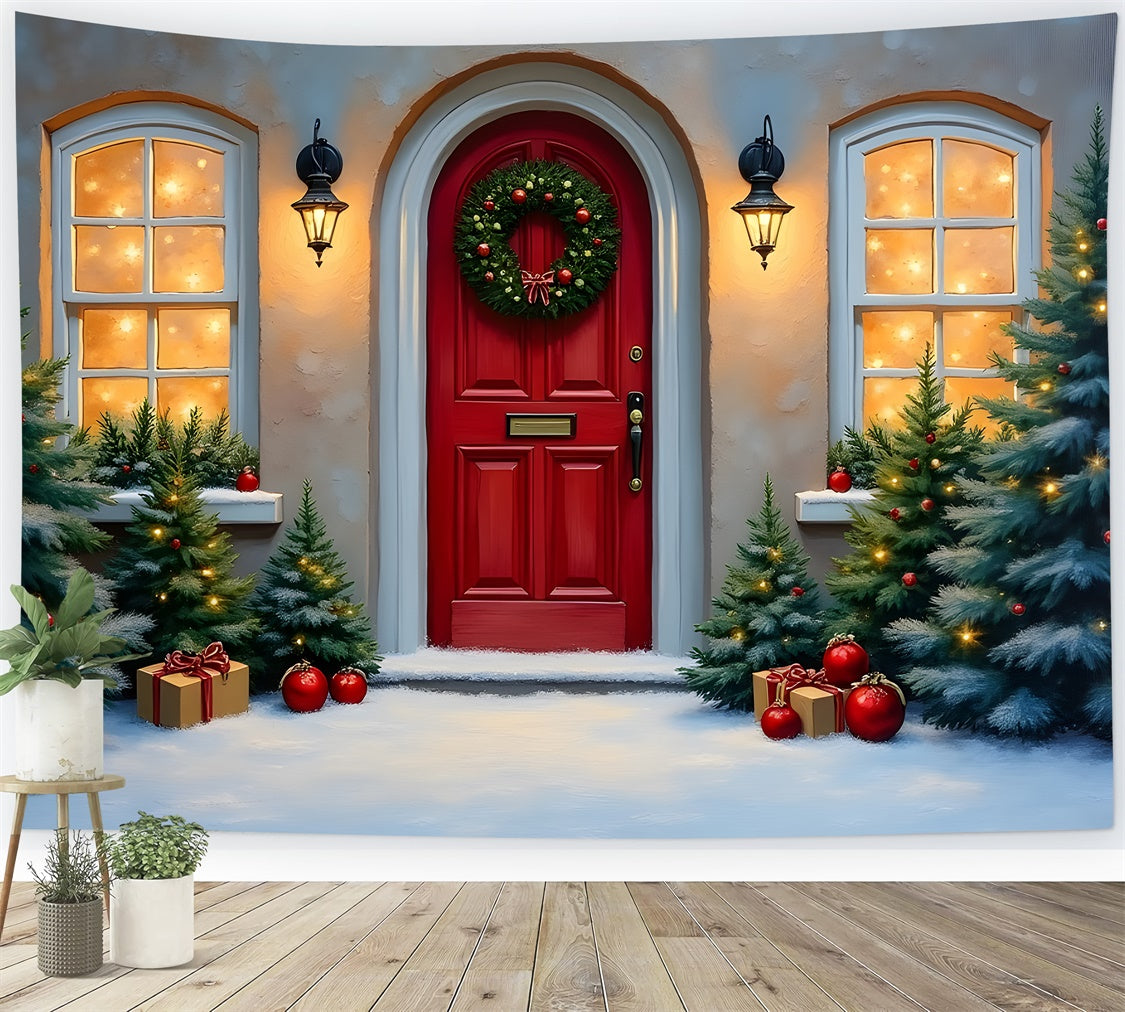 Christmas Backdrop Red Door Winter Pine Backdrop UK By Magali