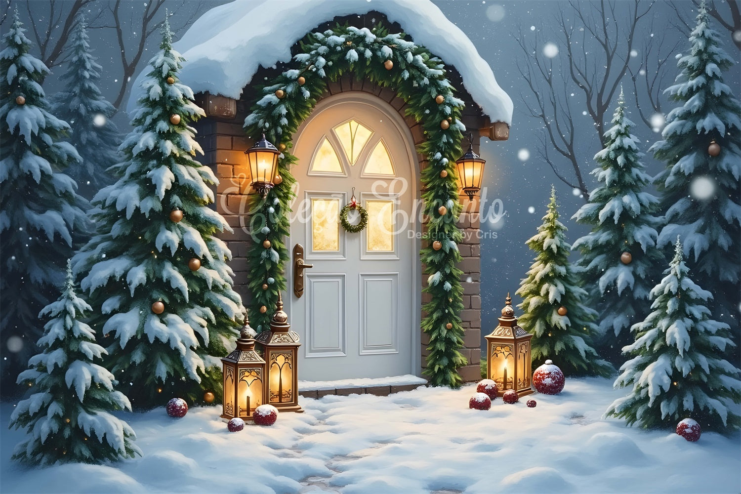 Xmas Backdrop Door Lantern Snowy Entrance Backdrop UK By Magali