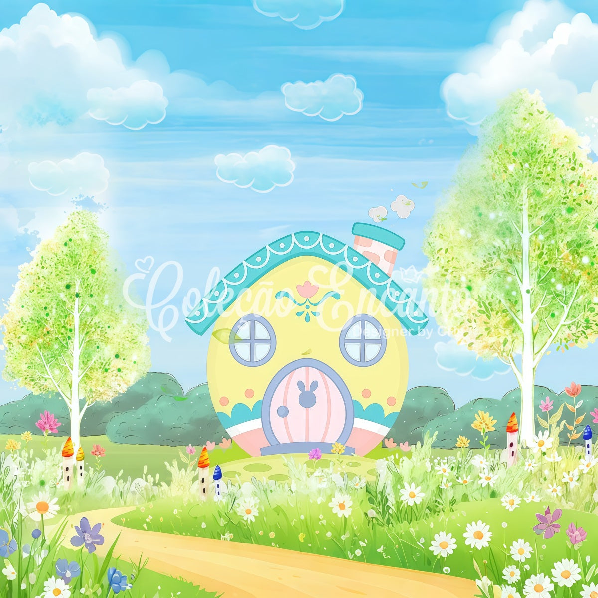 Backdrop For Kids Photoshoot Yellow Bunny Cottage Blossom Meadow Newborn Backdrop UK By Magali