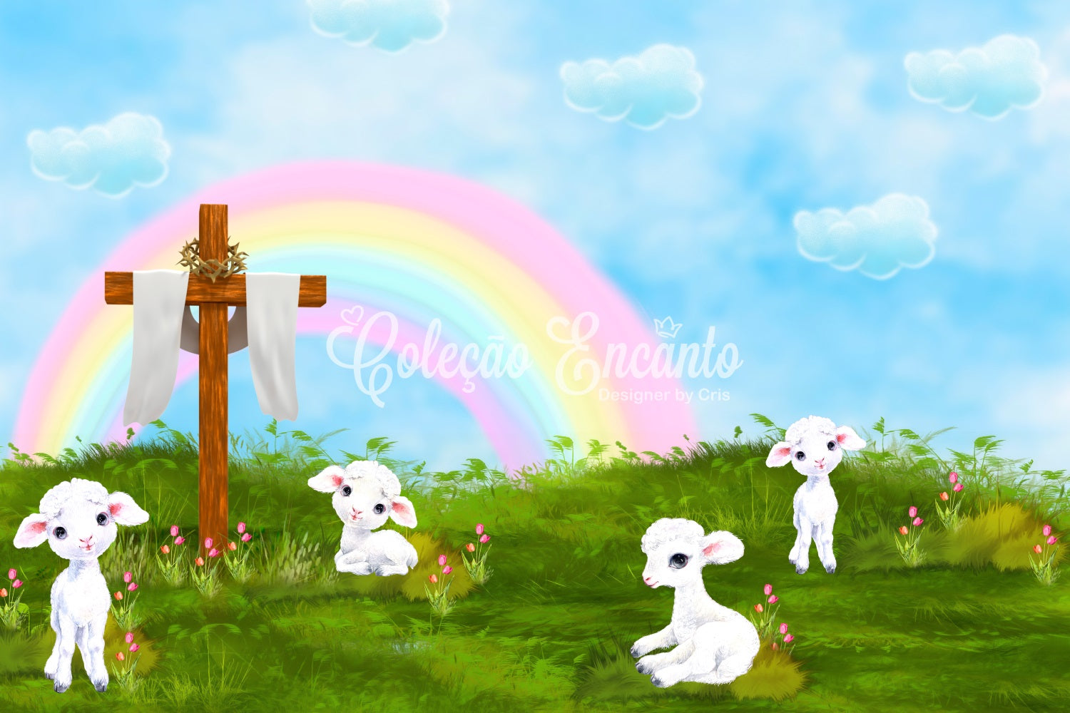 Kids Photography Backdrops Rainbow Cross Lamb Meadow Blessings Rainbow Backdrop UK By Magali