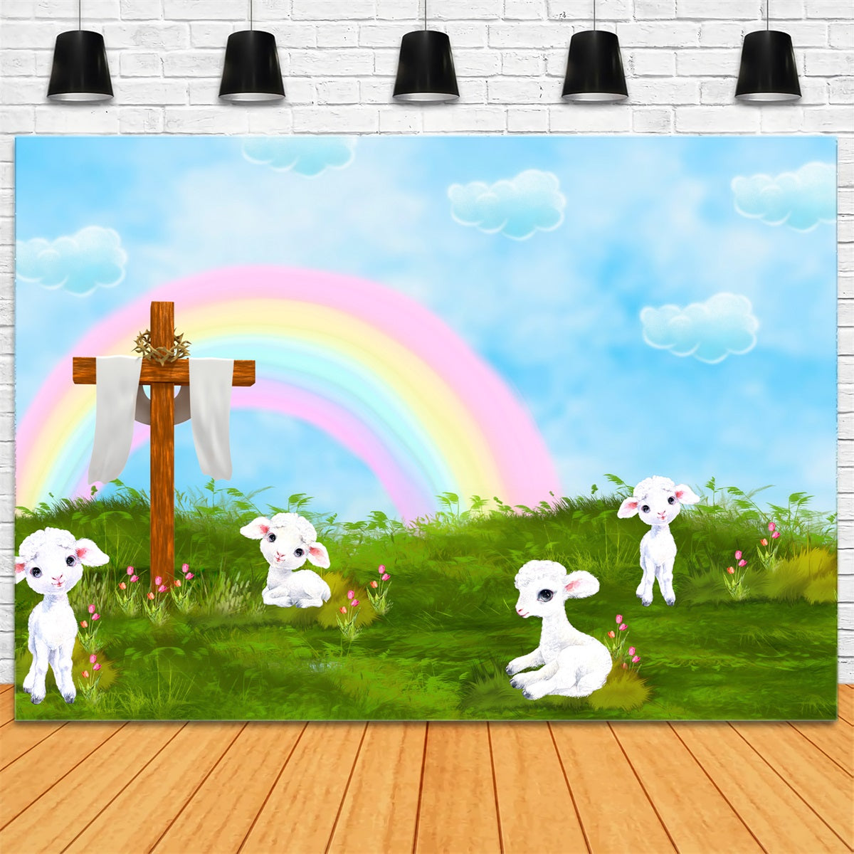 Kids Photography Backdrops Rainbow Cross Lamb Meadow Blessings Rainbow Backdrop UK By Magali