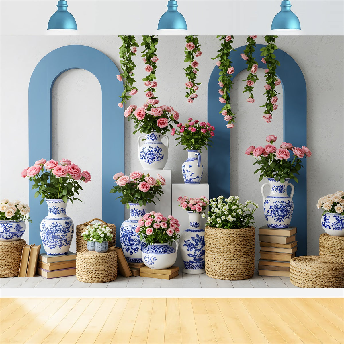 Mother's Day Photoshoot Backdrop Blue White Vase Floral Mother's Day Photo Backdrop UK By Magali