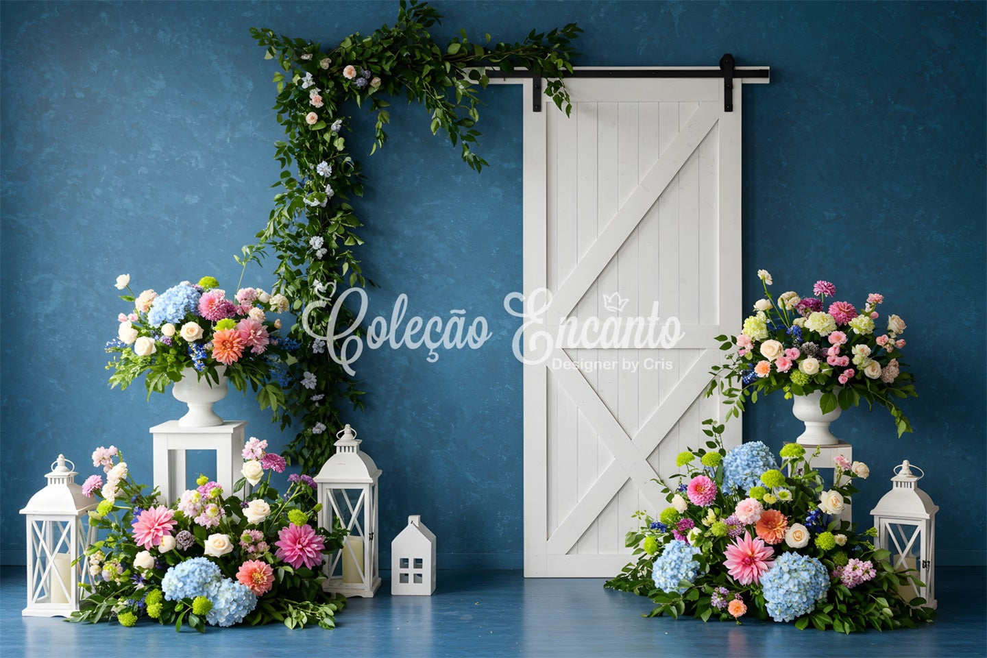 Mother's Day Photo Booth Backdrop Blue Wall White Door Floral Backdrop For Mother's Day UK By Magali