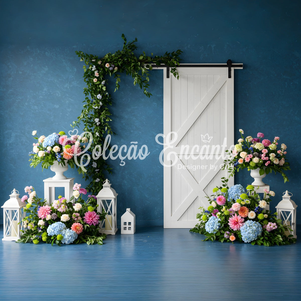 Mother's Day Photo Booth Backdrop Blue Wall White Door Floral Backdrop For Mother's Day UK By Magali