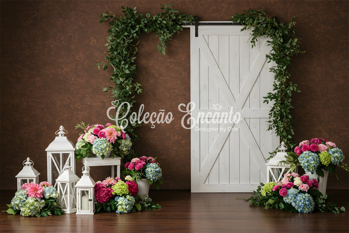 Backdrop Mother's Day Brown Wall White Door Floral Happy Mother's Day Backdrop UK By Magali