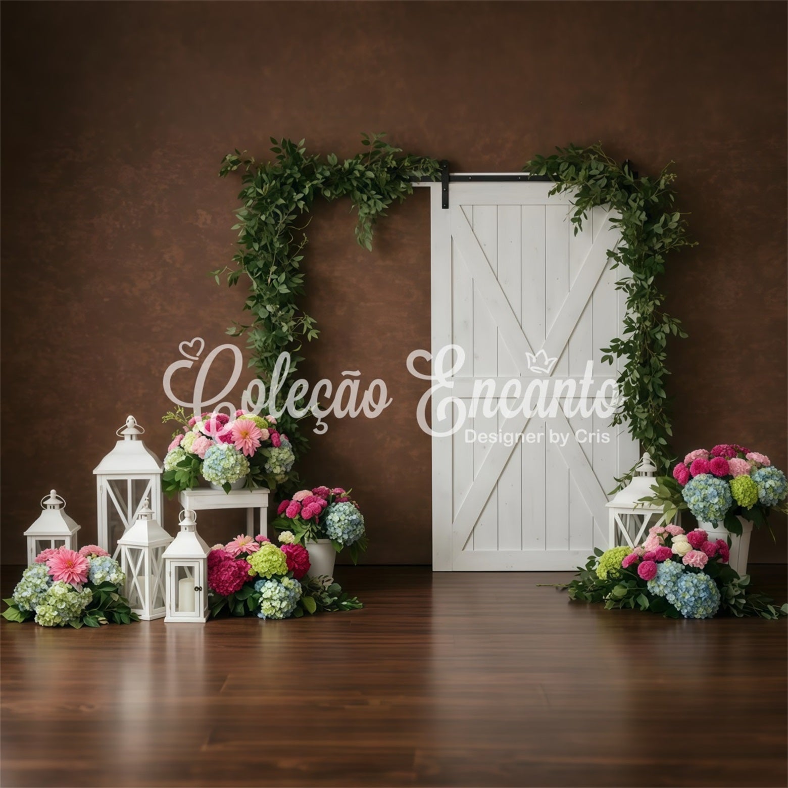 Backdrop Mother's Day Brown Wall White Door Floral Happy Mother's Day Backdrop UK By Magali