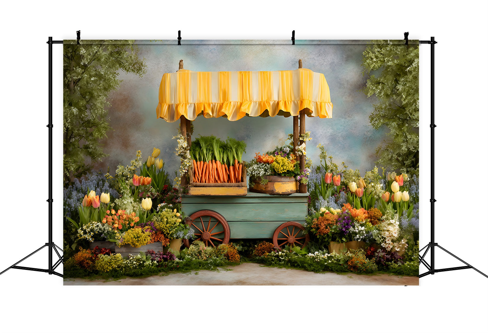 Easter Carrot Backdrop Colorful Cart Spring Blooms Easter Backdrops UK By Magali