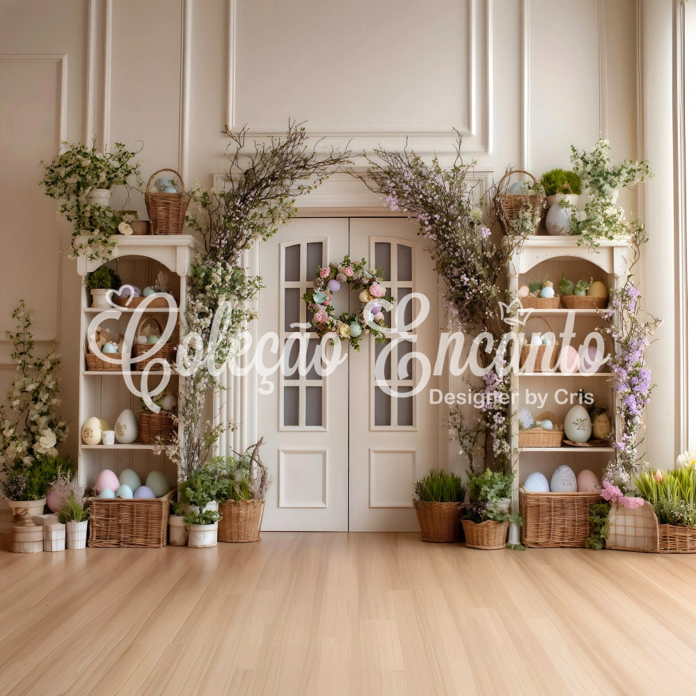 Easter Wreath Doorway Backdrop Egg Flower White Door Easter Photo Backdrops UK By Magali