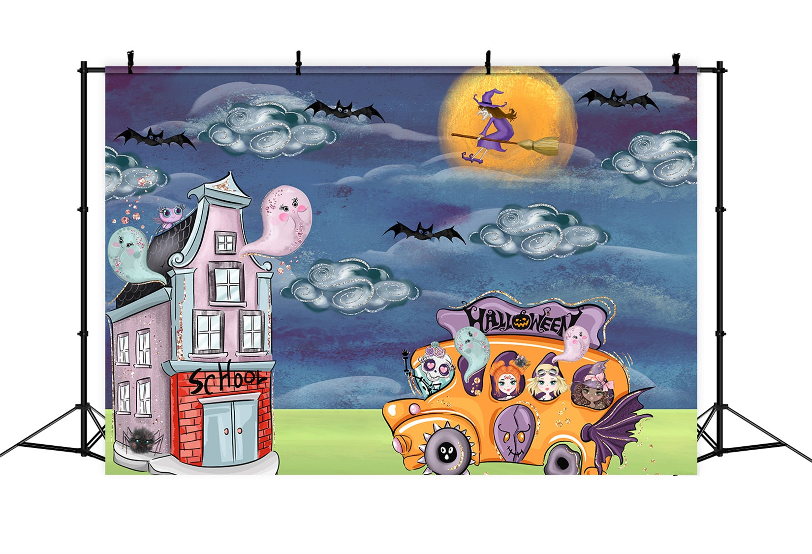Children Backdrop Ghost Witch School Bus Night Halloween Backdrops For Kids UK By Magali