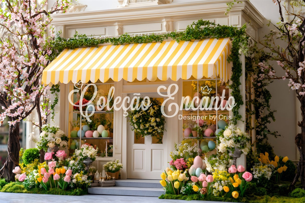 Easter Cottage Garden Backdrop Cherry Bloom Yellow Awning Easter Backdrops UK By Magali