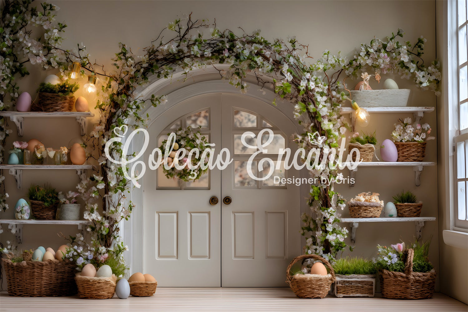 Easter Wreath Doorway Backdrop Egg Floral Shelves Happy Easter Backdrop UK By Magali
