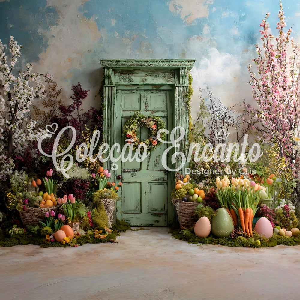 Easter Spring Backdrop Green Door Mossy Blooms Easter Backdrop For Photos UK By Magali