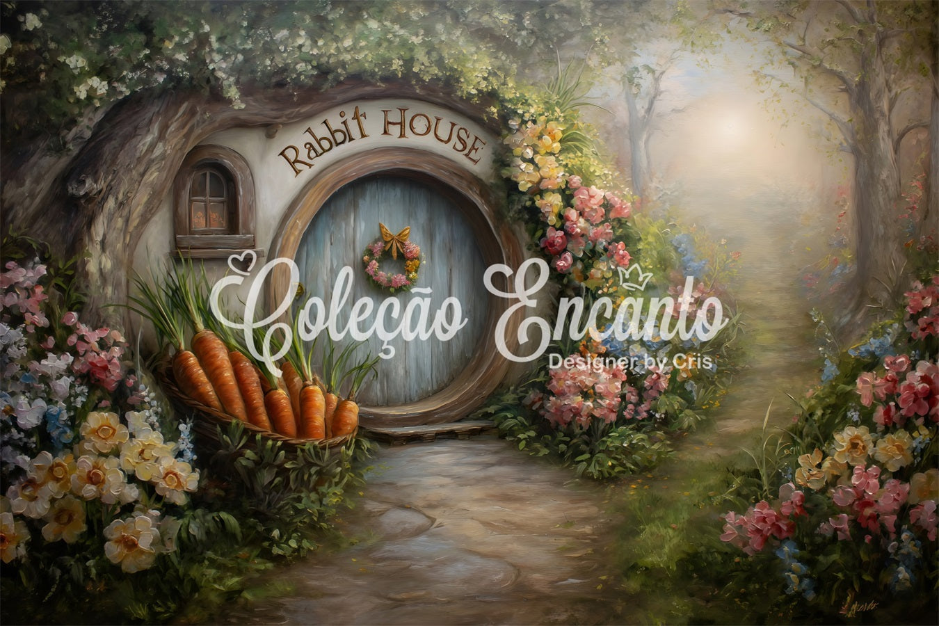 Easter Bunny Burrow Backdrop Hobbit Door Carrot Blooms Easter Photography Backdrop UK By Magali