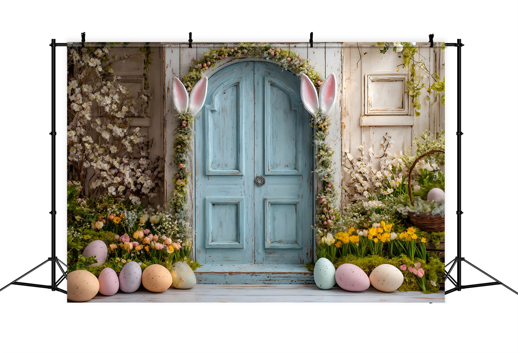 Easter Daffodil Backdrop Bunny Ears Blue Door Backdrops For Easter Pictures UK By Magali