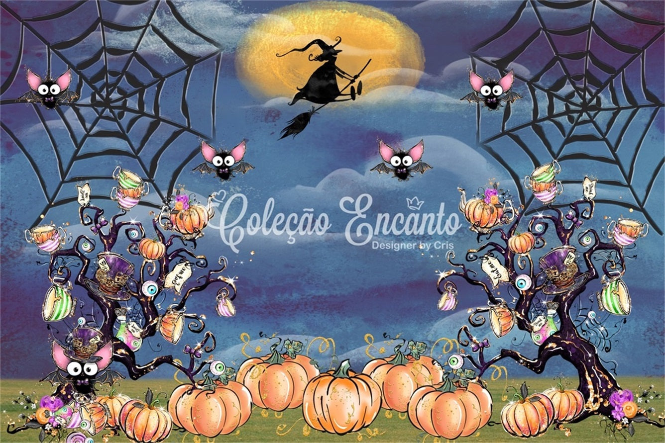 Childrens Backdrop Spooky Pumpkin Tree Web Night Kids Halloween Backdrop UK By Magali