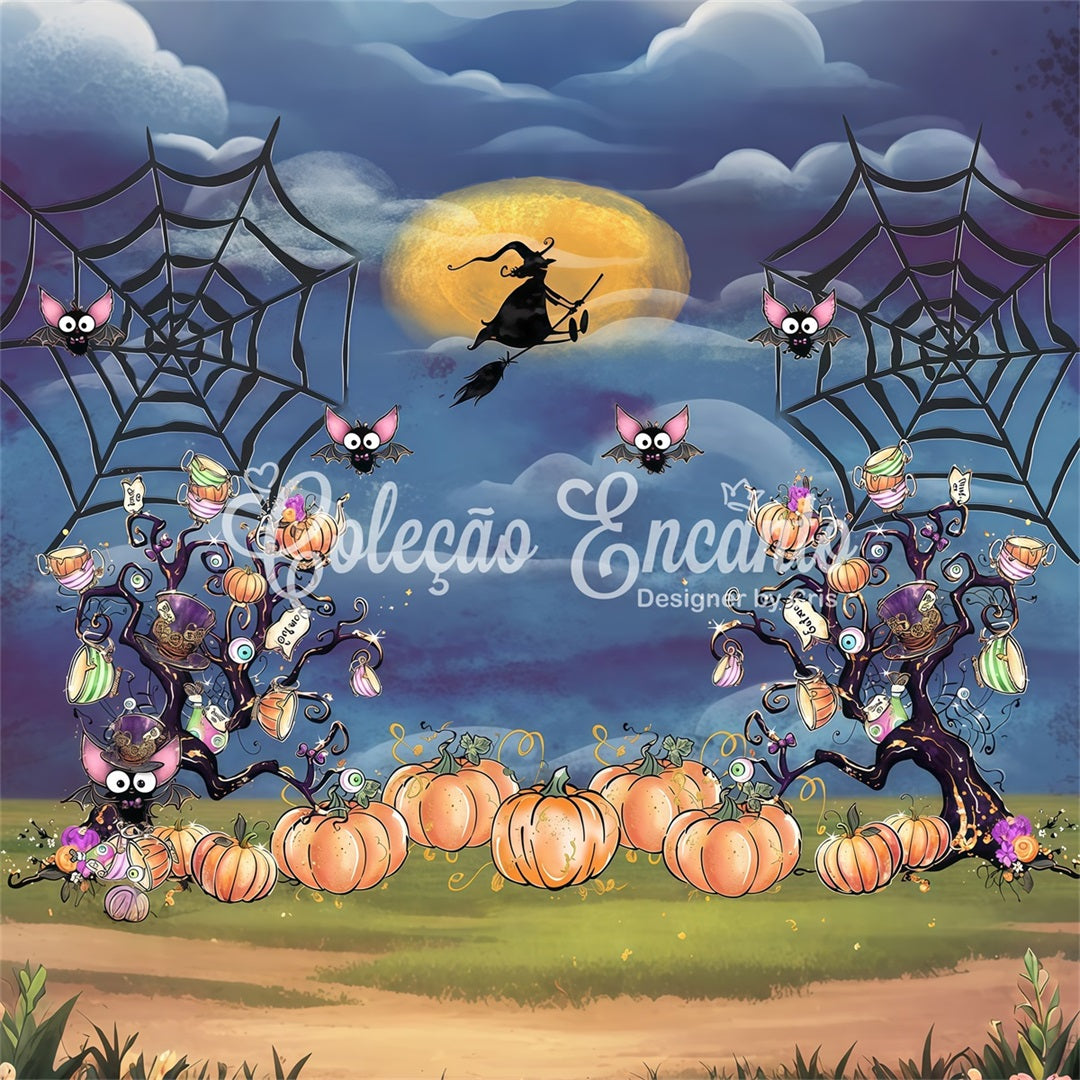 Childrens Backdrop Spooky Pumpkin Tree Web Night Kids Halloween Backdrop UK By Magali