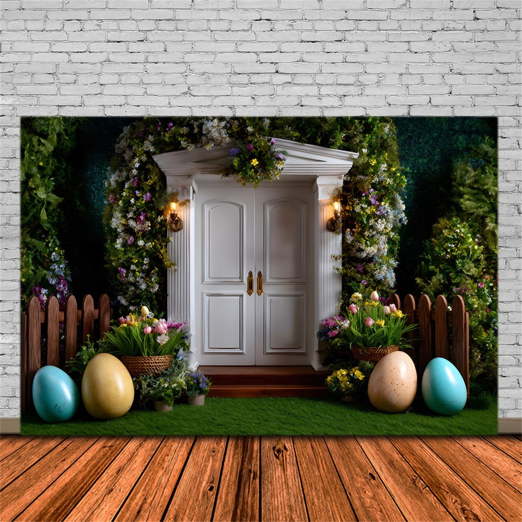 Easter European Garden Backdrop White Door Egg Tulips Photography Easter Backdrop UK By Magali