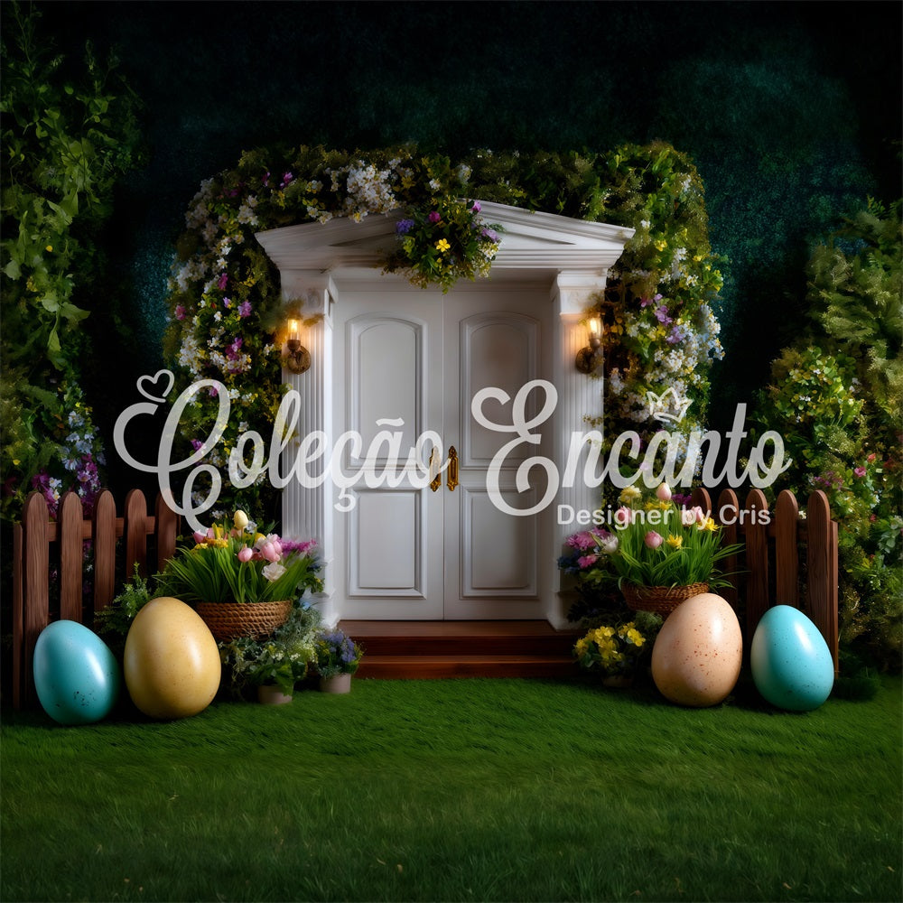 Easter European Garden Backdrop White Door Egg Tulips Photography Easter Backdrop UK By Magali
