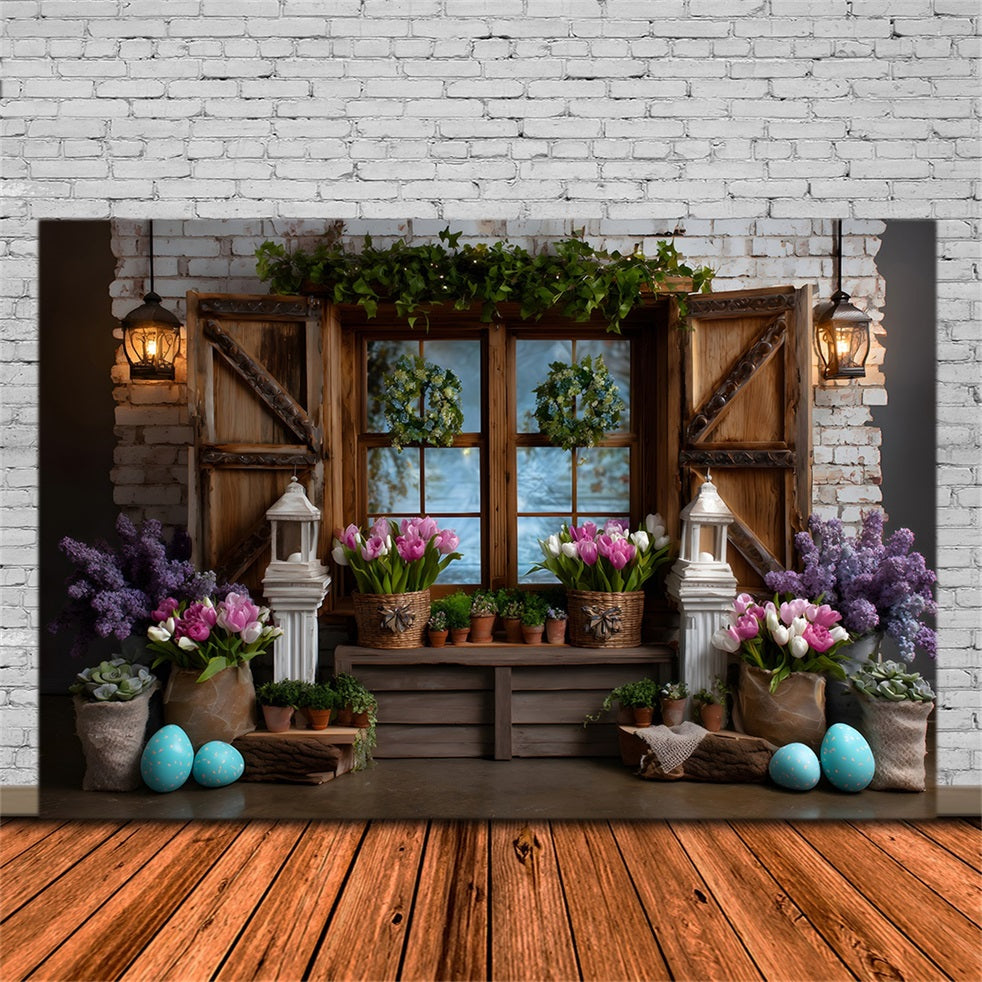 Easter Cottage Garden Backdrop Window Wreath Tulip Eggs Easter Backdrops Photography UK By Magali