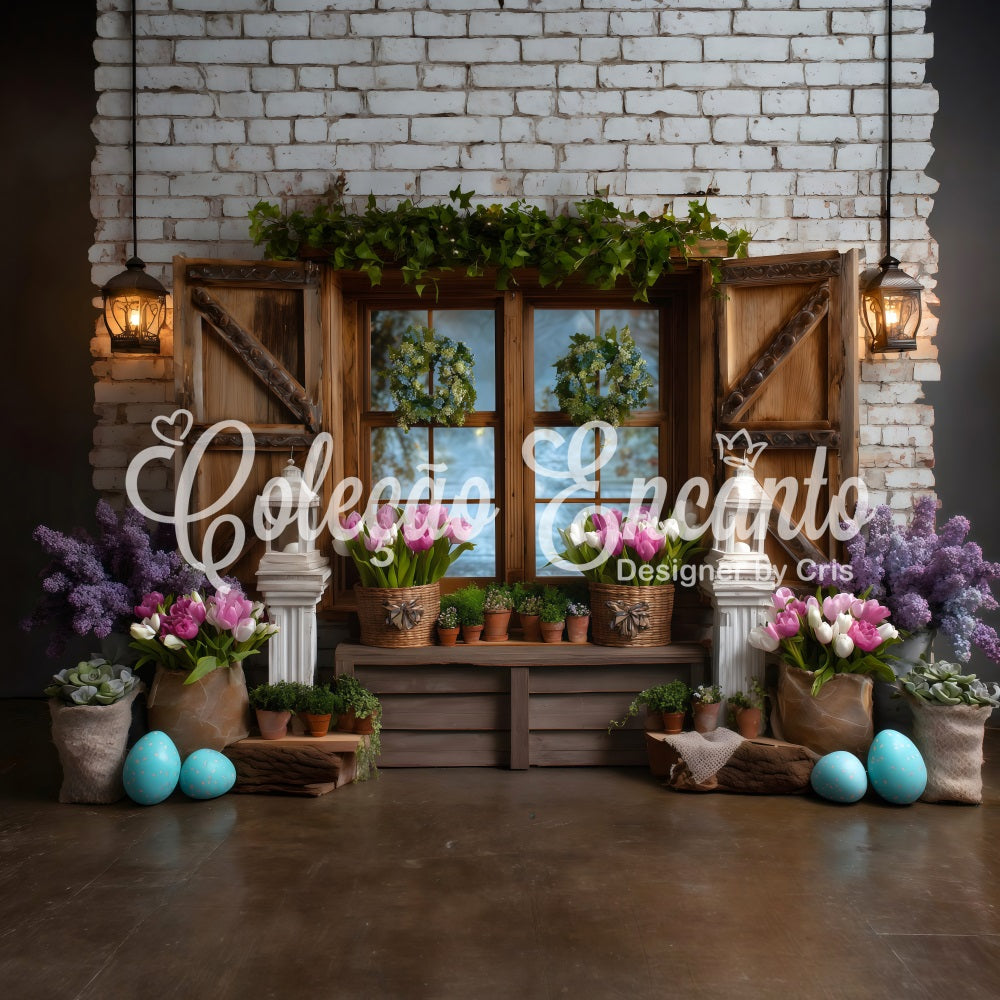 Easter Cottage Garden Backdrop Window Wreath Tulip Eggs Easter Backdrops Photography UK By Magali