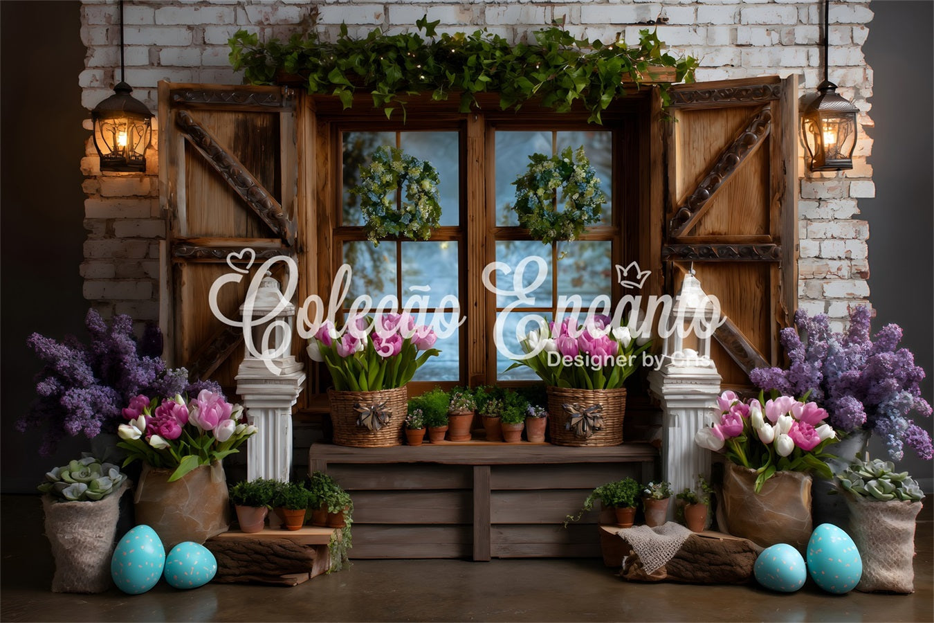 Easter Cottage Garden Backdrop Window Wreath Tulip Eggs Easter Backdrops Photography UK By Magali