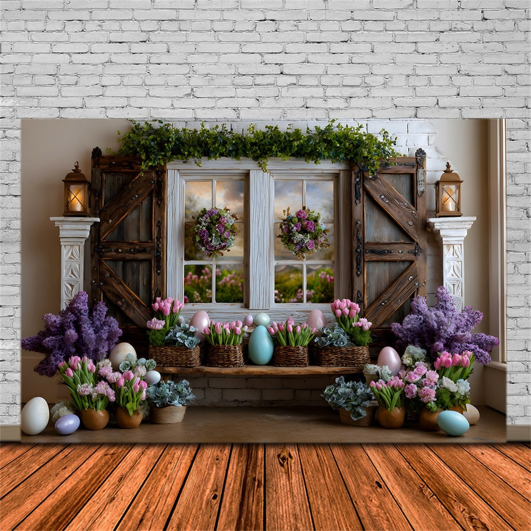 Easter Cottage Garden Backdrop Lavender Tulip Eggs Window Happy Easter Photo Backdrop UK By Magali