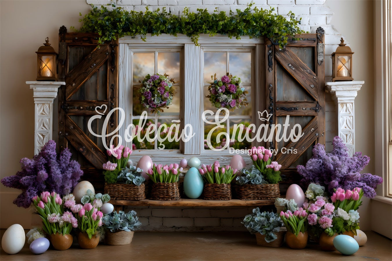Easter Cottage Garden Backdrop Lavender Tulip Eggs Window Happy Easter Photo Backdrop UK By Magali