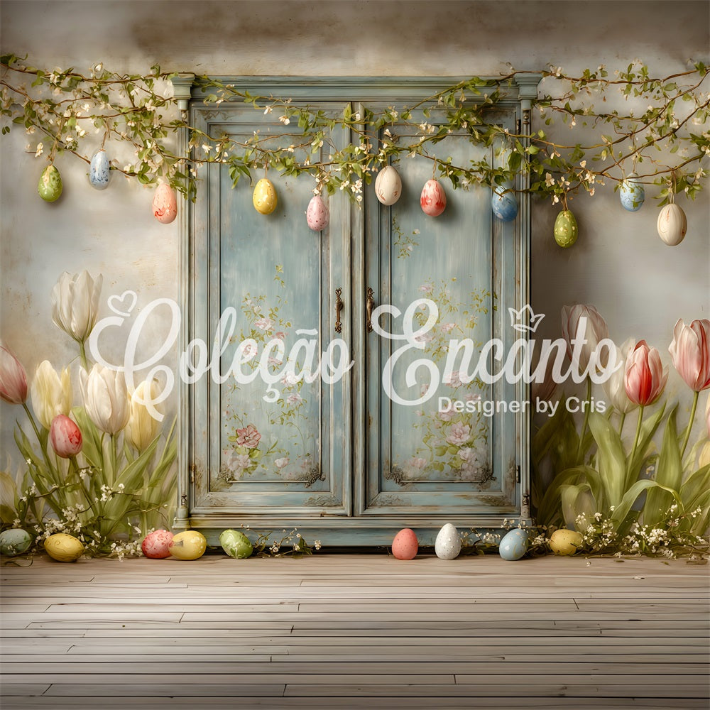 Easter Vintage Floral Backdrop Blue Door Tulip Eggs Simple Easter Backdrop UK By Magali