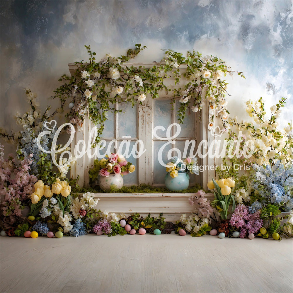 Easter Cottage Garden Backdrop Window Floral Pastel Eggs Photo Backdrops Easter UK By Magali