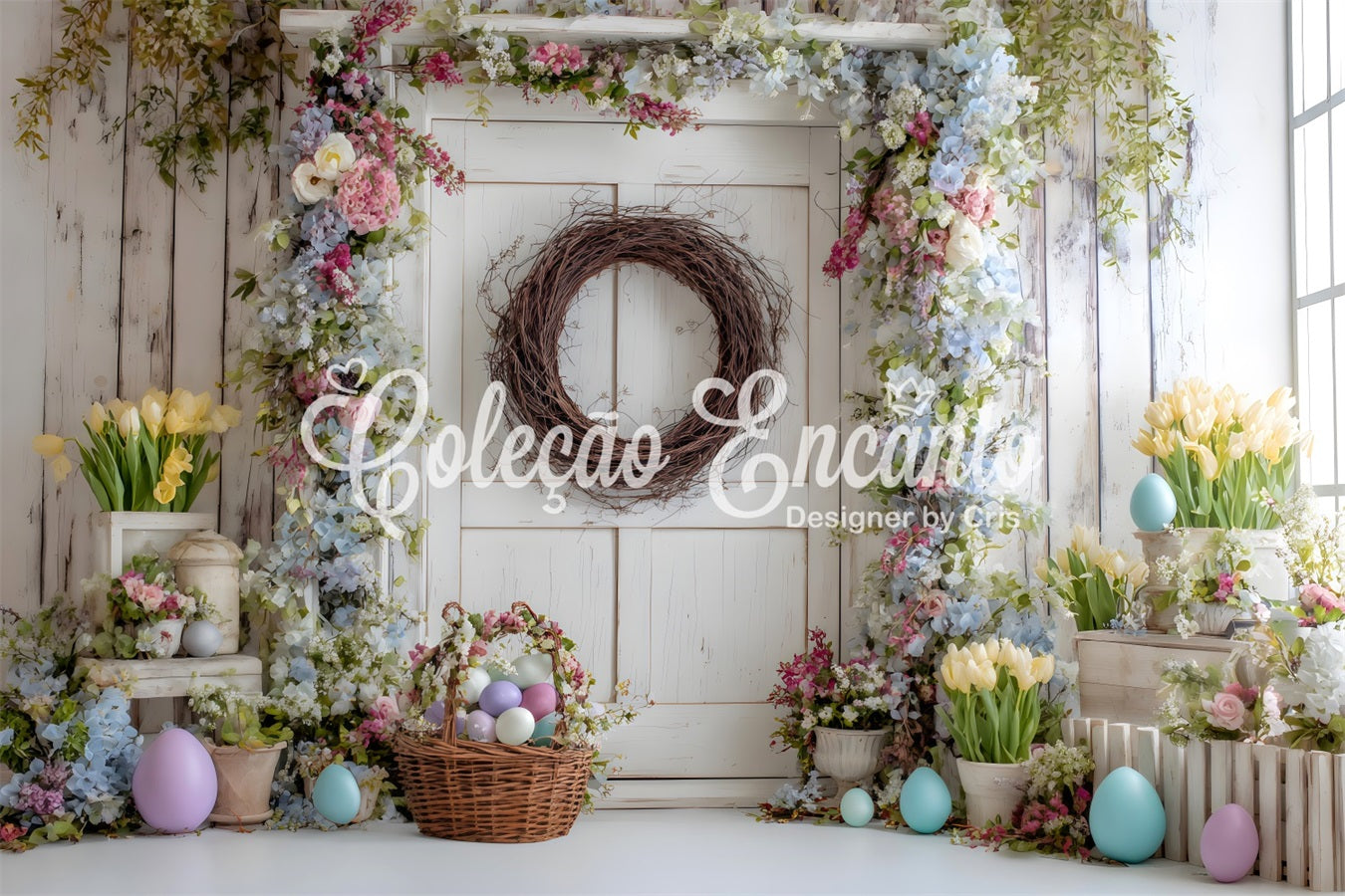 Easter Spring Floral Wreath Backdrop Floral Door Egg Basket Happy Easter Backdrops UK By Magali