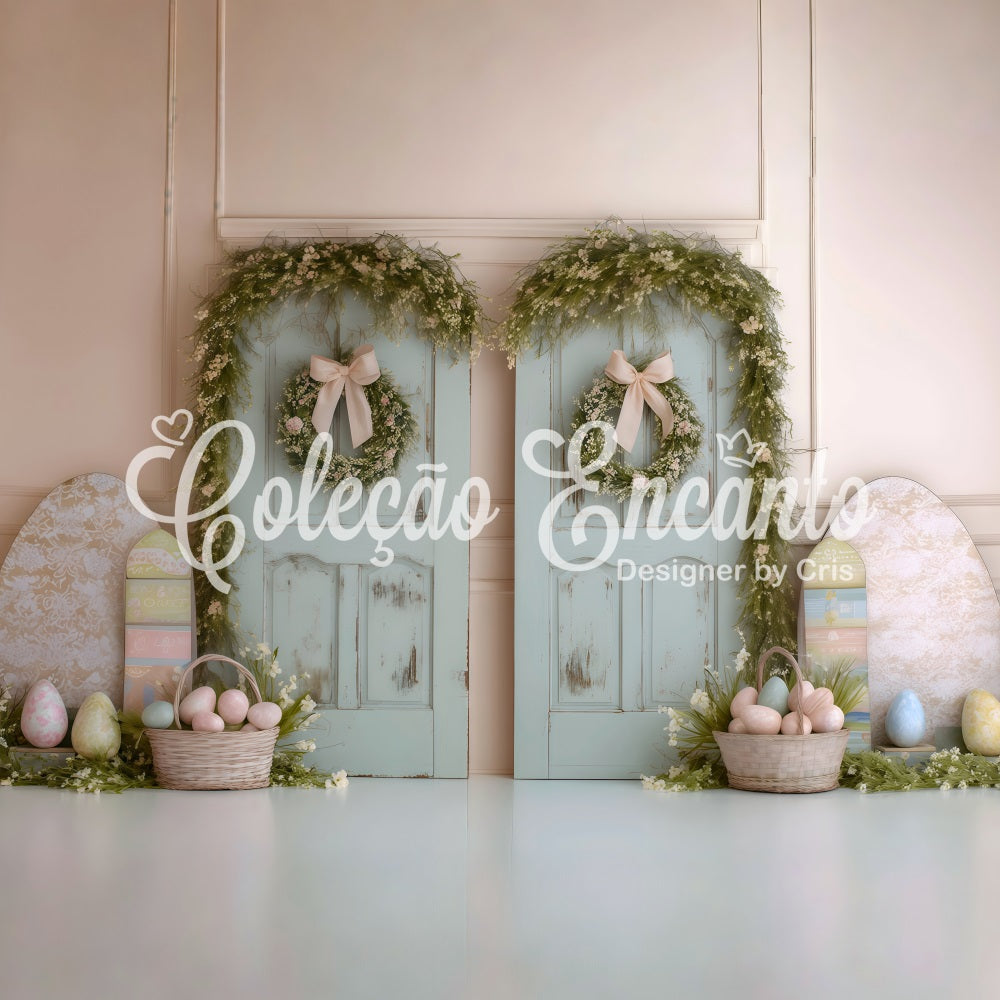 Happy Easter Backdrop Double Doors Egg Baskets Easter Backdrop Photo UK By Magali