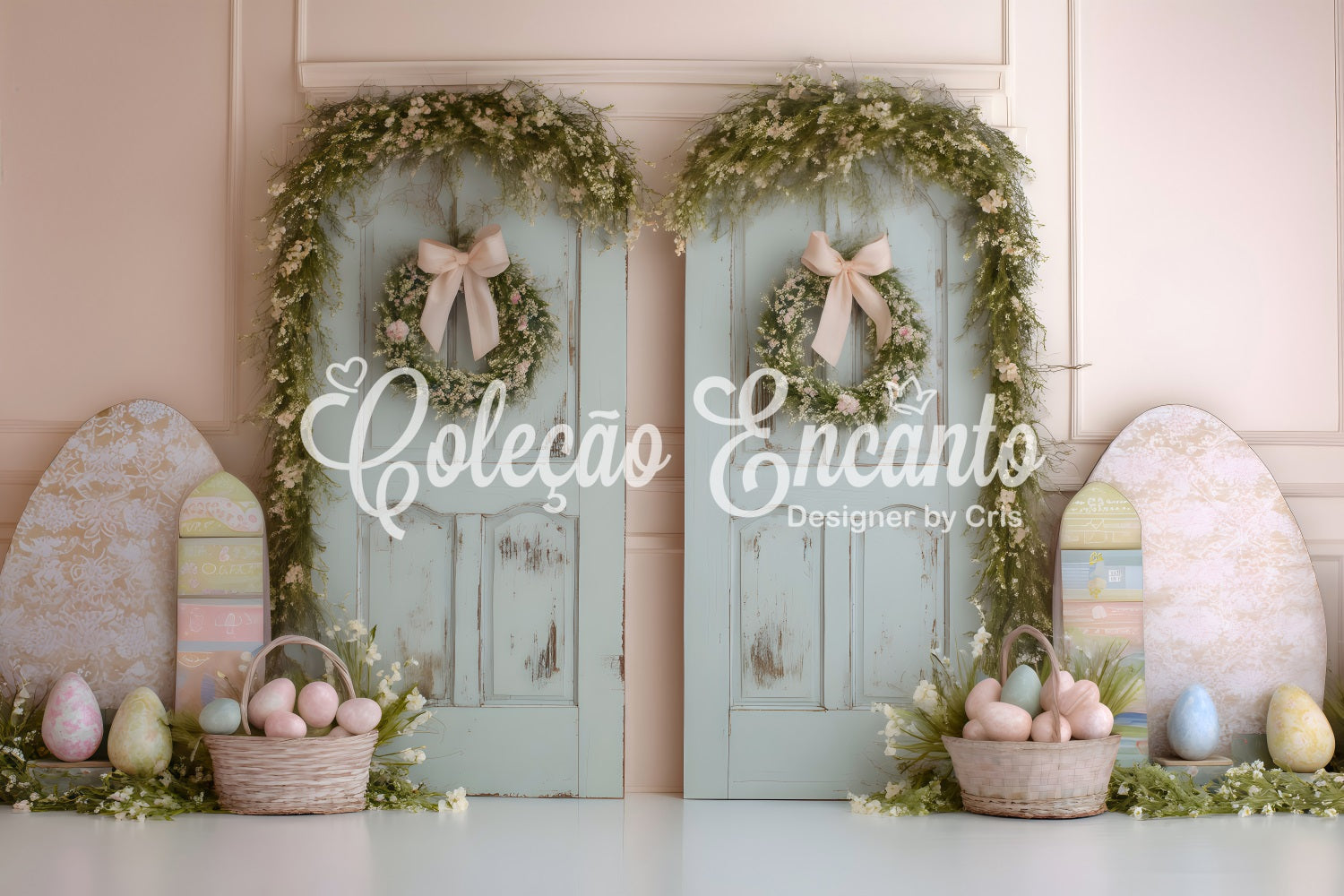 Happy Easter Backdrop Double Doors Egg Baskets Easter Backdrop Photo UK By Magali