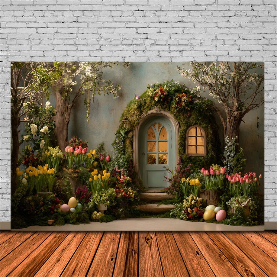 Easter Rustic Backdrop Mossy Arch Tulip Eggs Outdoor Easter Backdrops UK By Magali