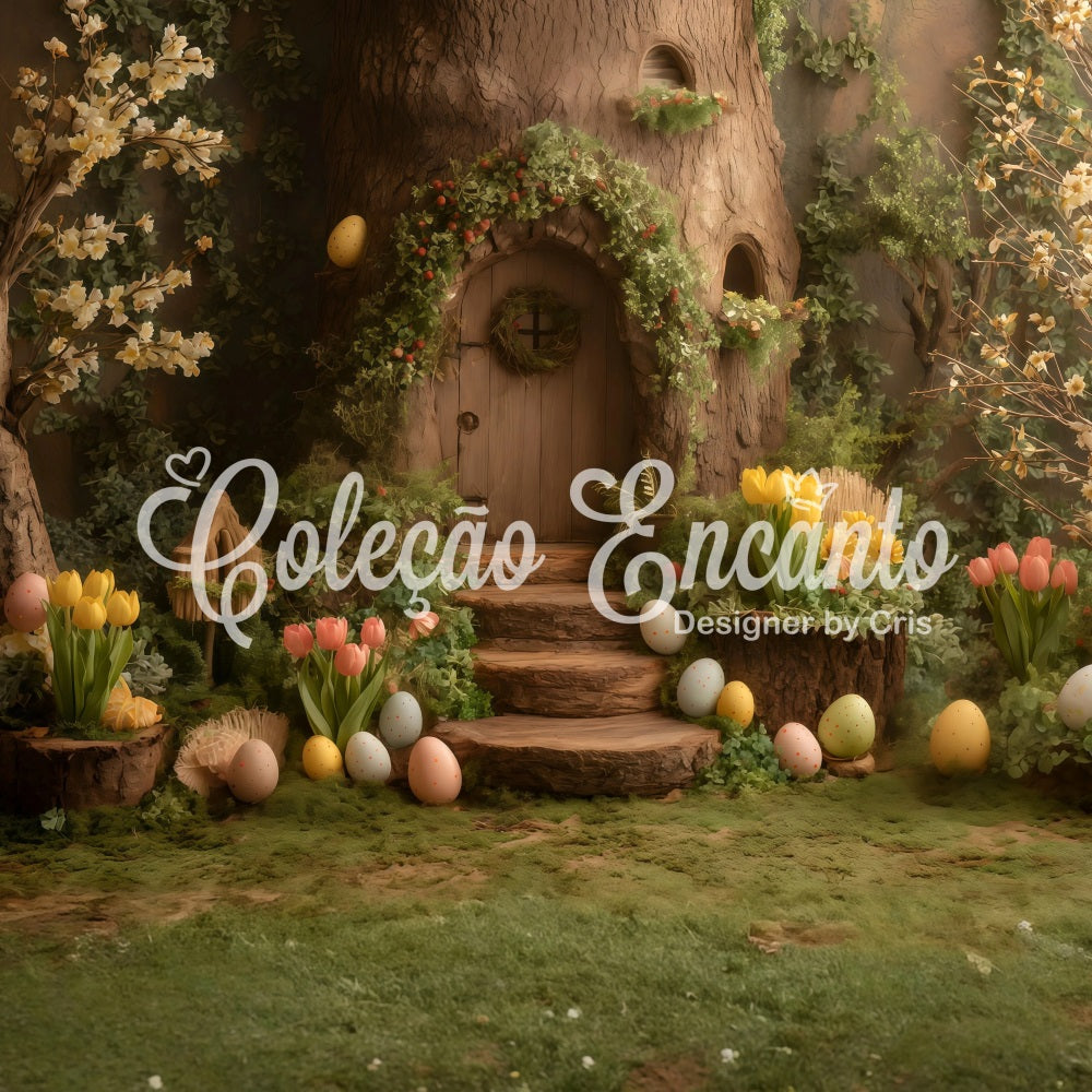 Bunny Burrow Backdrop Tree Door Egg Blooms Easter Pictures Backdrop UK By Magali