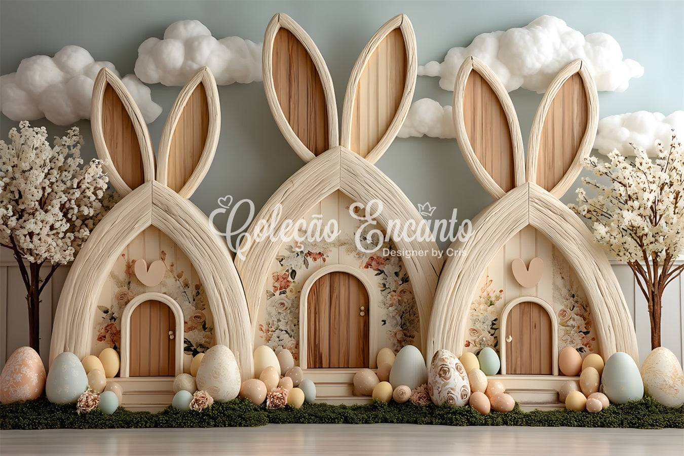 Egg Hunt Backdrop Pastel Bunny Cottage Village Display Easter Backdrop Photography UK By Magali