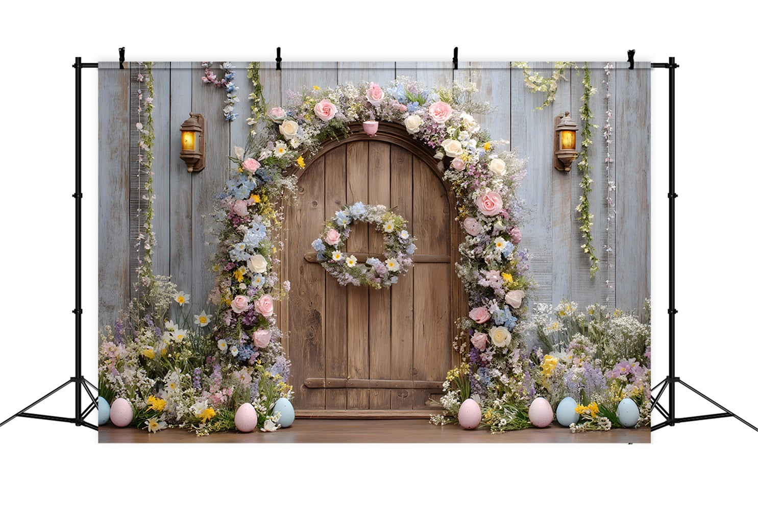 Easter Wreath Doorway Backdrop Rustic Floral Wooden Door Easter Backdrops For Photography UK By Magali