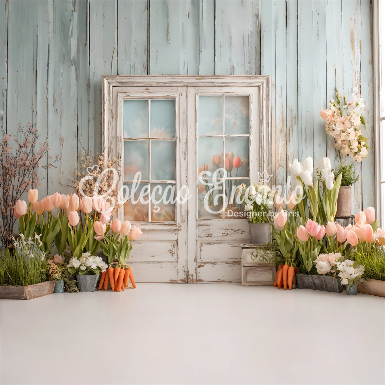 Easter Tulip Backdrop Vintage Window Garden Charm Easter Photography Backdrops UK By Magali