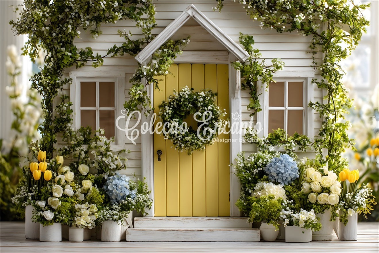 Easter Spring Backdrop Charming Yellow Door Garden Bloom Happy Easter Backdrop UK By Magali
